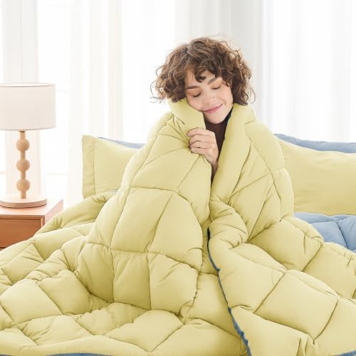MUXHOMO Full Comforter Set 7 Pieces, Light Yellow/Light Blue - Image 2