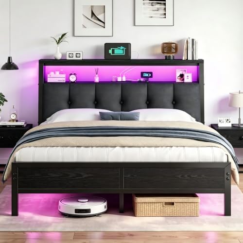 Queen Size Bed Frame with Headboard & Charging Station, LED Lights by ElevateYourHome%EF%BC%8CEnhanceEver