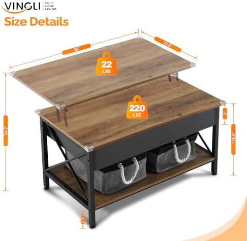 VINGLI 36" Small Lift Top Coffee Table - Image 2