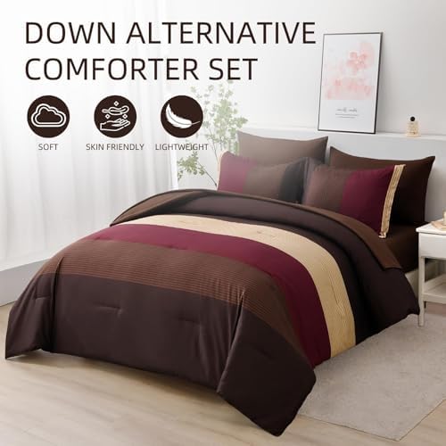 Anibedding Brown Red Comforter Set Full Size, Boho Burgundy Striped Bedding - Image 2