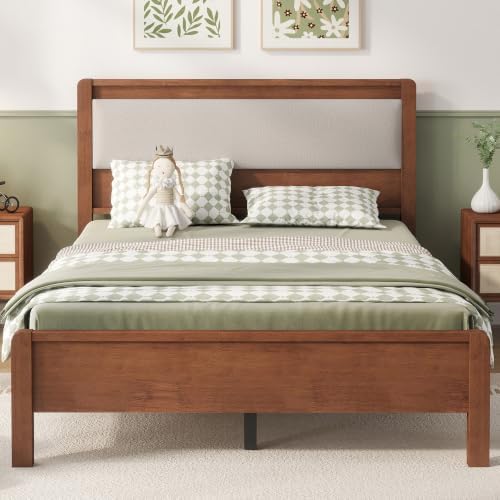 Full Bed Frame with Upholstered Headboard, Wooden Platform Bed by OYUMOENTS