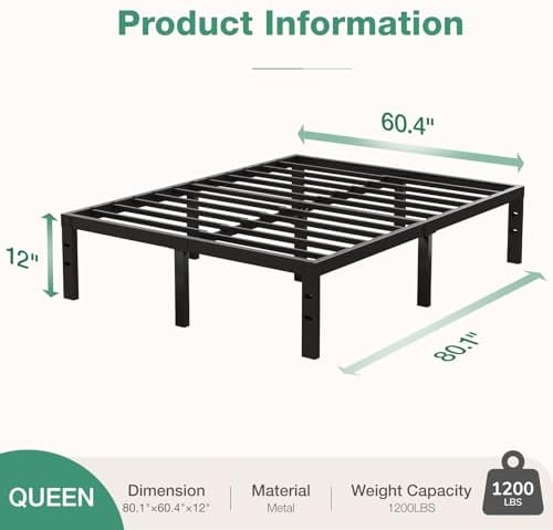 Novilla Bed Frame Queen Size, 12 Inch Simplicity Metal Platform Queen Bed Frame - Image 2