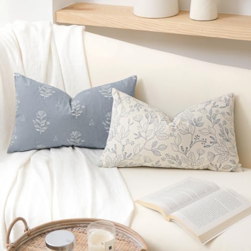 SageSelvas Lumbar Pillow Cover 12x20 Blue Floral Print Cotton by Unknown
