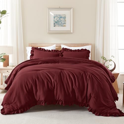 Andency Burgundy Ruffle Comforter Twin XL, 2 Pieces Solid Farmhouse Bed - Image 2