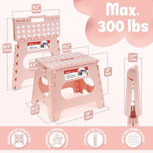 ACSTEP 11" Folding Step Stool for Kids, Non-Slip Foldable Stool, Light Pink - Image 2