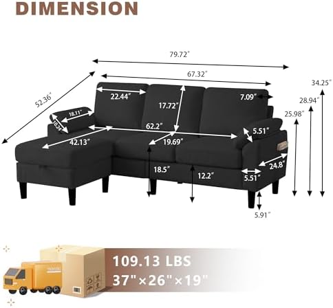 80''L Shaped Sectional Sofa Couch, 3 Seater Corduroy Sofa - Image 2