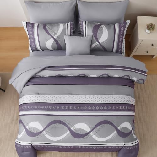 Grey Purple Comforter Set King Size, 8 Pieces Patchwork Striped Bed in a Bag - Image 2