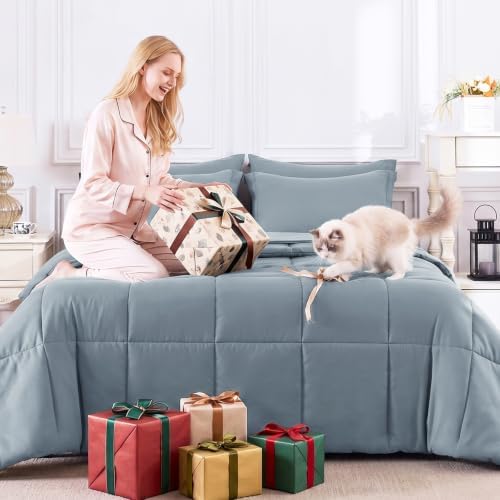 CozyLux Super King Comforter Set, 7-Piece Bed in a Bag, Dusty Blue - Image 7