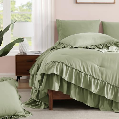 Queen Comforter Set Light Green Ruffle 7 Pieces Farmhouse Bed in a Bag - Image 5