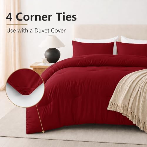 CozyLux Oversized Queen Comforter Set, 3 Pieces Dark Red Quilted Bedding - Image 4