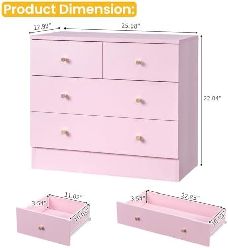 Karl home Pink 4 Drawer Dresser, Rose Gold Handle Modern Bedroom Chest - Image 3