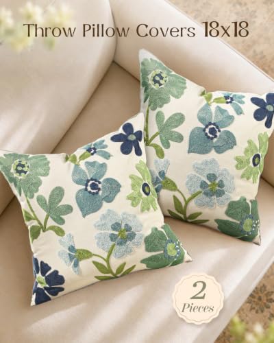 Embroidered Throw Pillow Covers 18x18 Inch, Teal Flower - Image 5