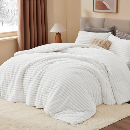 BEDELITE Fleece California King Comforter Set, Fluffy Bed Set, Bright White - Image 2