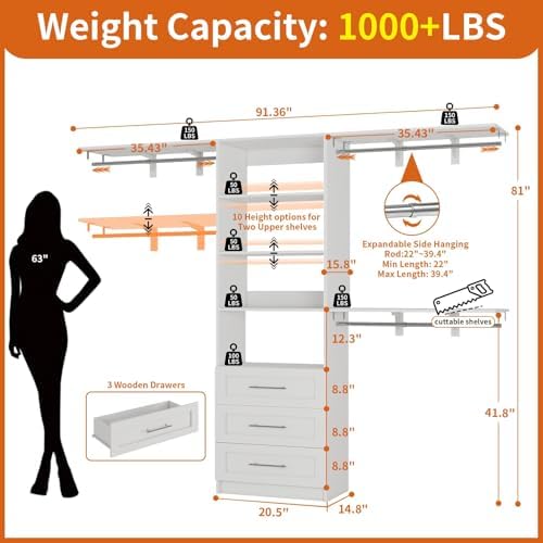 Closet System with Drawers, 5-7.61FT Closet Organizer System with Cuttable - Image 3