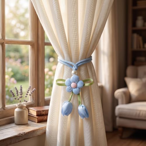 Floral Curtain Tiebacks, 4 Pack Adjustable Curtain Holdbacks, Dusty Blue - Image 6