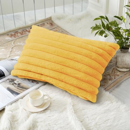 decorUhome Fall Faux Fur Throw Pillow Covers 12x20 Set of 2 Mustard Yellow - Image 4
