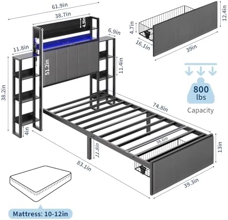 Twin Size Upholstered Platform Bed Frame, Storage Headboard, LED Light - Image 2