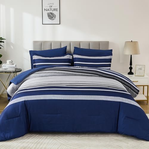 Dobuyly Navy Blue Queen Comforter Set 7 Pieces, Boho Striped Bed in a Bag Queen - Image 2