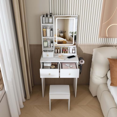 Compact Vanity Desk with 3 Lighting Modes, 3 Drawers & 6 Shelves, Side Outlet - Image 5