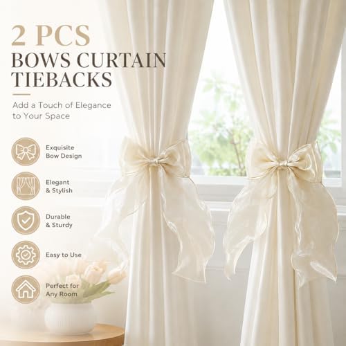 2PCS Strong Magnetic Ivory Bow Curtain Tiebacks, Coqueta Lace Ribbon Curtain - Image 3