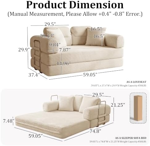 Convertible Sofa Couch Bed, Folding Corduroy Floor Compression Loveseat Sleeper - Image 3