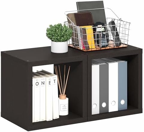 Furinno CUBICLE Set of 2 Book Shelf, Stackable Bookshelf, Dark Oak - Image 6