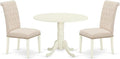 East West Furniture DLBR3-WHI-02 3 Piece Modern Dining Table Set Contains a Round Wooden Table with Dropleaf and 2 Light Beige Linen Fabric Parson Dining Chairs, 42x42 Inch, Linen White
