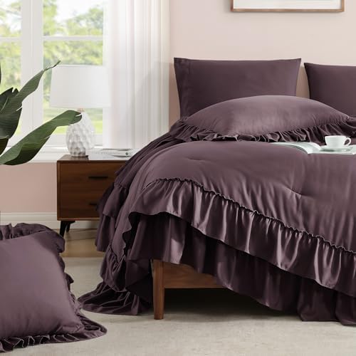 Oversized King Comforter Set Dark Purple Ruffle 7 Pieces Bed in a Bag - Image 5