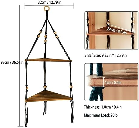 Artilady Macrame Hanging Corner Shelf Balck, Boho Wood Shelf Storage Decor - Image 2
