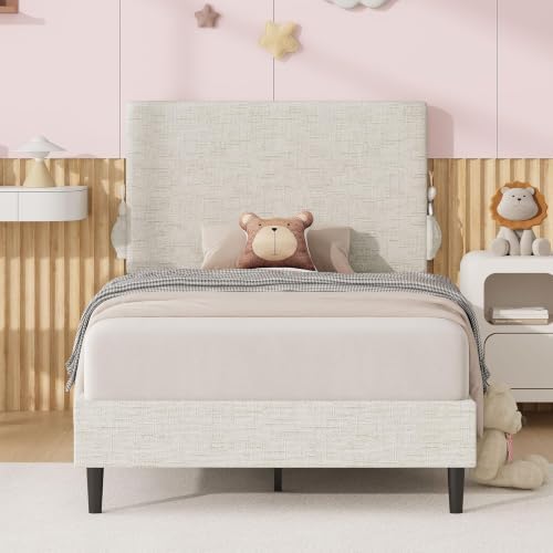 Twin Bed Frame with Chenille Headboard and Side Pockets - Image 3