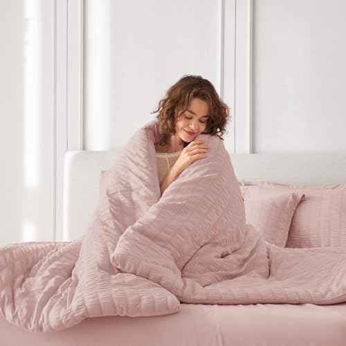 MUXHOMO Twin Comforter Set 5 Pieces, Seersucker Bed in a Bag, Rose Gold - Image 6