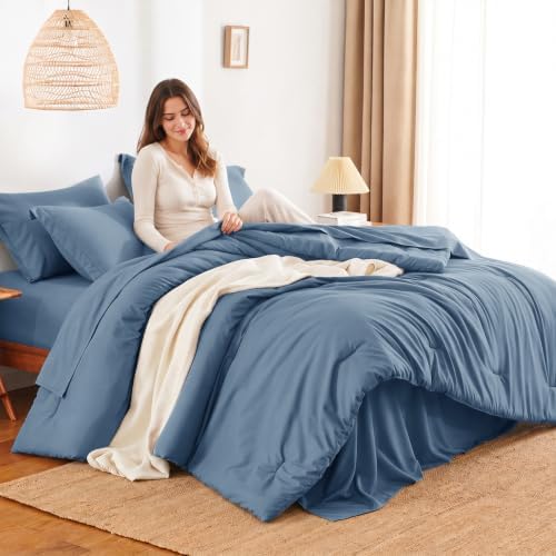 HIMEET King Comforter Set, 7-Piece Point-Quilted Bed in a Bag, Dusty Blue - Image 5