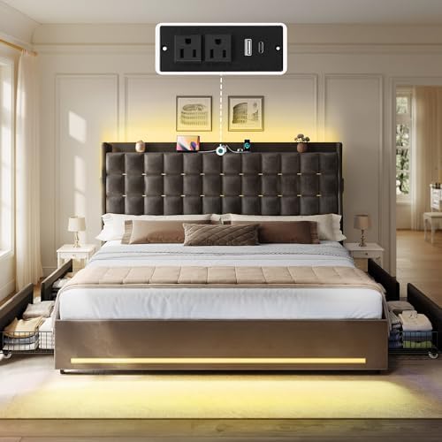 DWVO King Bed Frame with 4 Drawers and RGB LED Light, Charging Station by DWVO