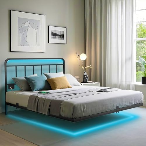 Floating Queen Bed Frame with LED Lights & Charging Station & Accessories by AAPRODUCTSINC