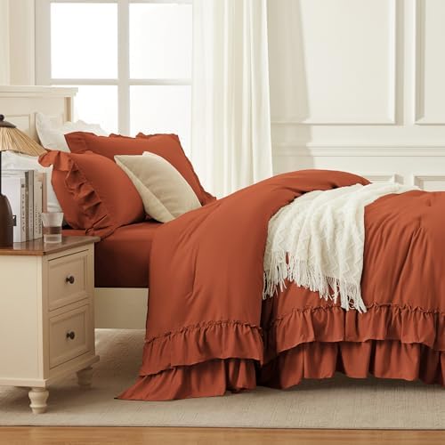 Andency Burnt Orange Twin Size Ruffle Comforter Set, 2 Pieces - Image 7