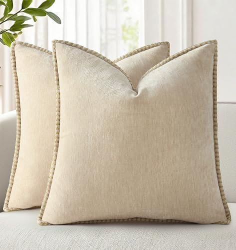 decorUhome Soft Chenille Throw Pillow Covers 26x26 Set of 2 Beige by decorUhome
