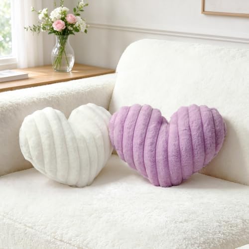 2PCS Heart Pillows, 12.9"x9" White Purple Decorative Throw Pillows by Unknown