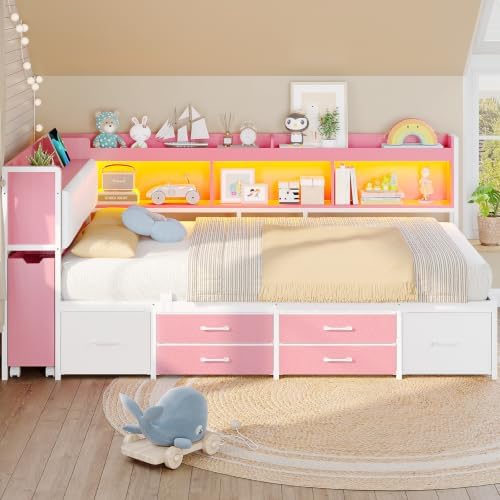 Corner Twin Bed Frame with Pull-Out Cabinet/Bookcase/Headboad Storage - Image 2