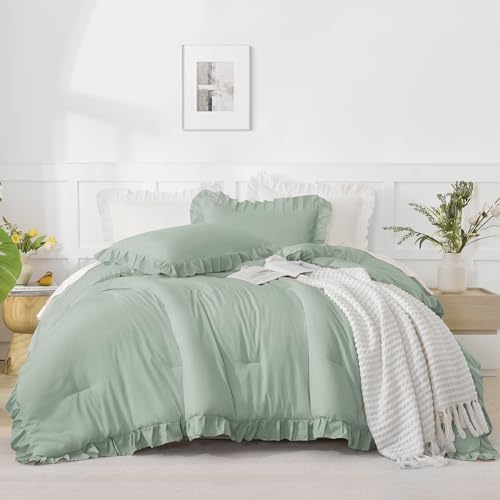 Andency Green Ruffle Comforter Twin Size, 2 Pieces Soft Bed Set - Image 2