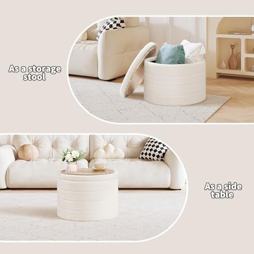 Large Round Folding Storage Ottoman, Cream Boucle Footstool - Image 5