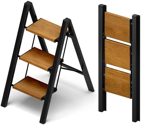 Taranta 3 Step Stool Foldable, Aluminum Step Ladder-BlackWoodgrain by TARANTA