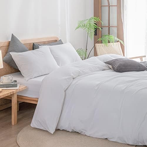 BESTOUCH Cotton Solid Duvet Cover Set Linen Feel Bright White King - Image 2