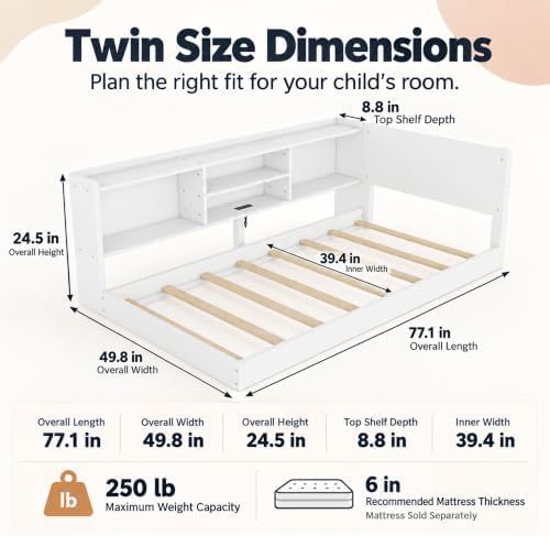 Twin Floor Bed with Storage, L-Shaped Corner Bed, Charging & LED - Image 2