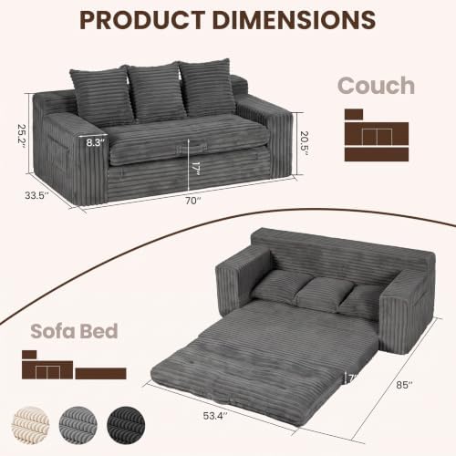 70" Boneless Couch, 4-in-1 Convertible Sofa Bed, 3 Seater Couch, Pull Out Sofa - Image 3