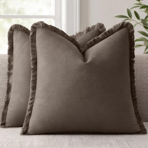 ANRODUO Euro Decorative Linen Fringe Pillow Covers 22×22 Taupe 2 Pack by ANRODUO
