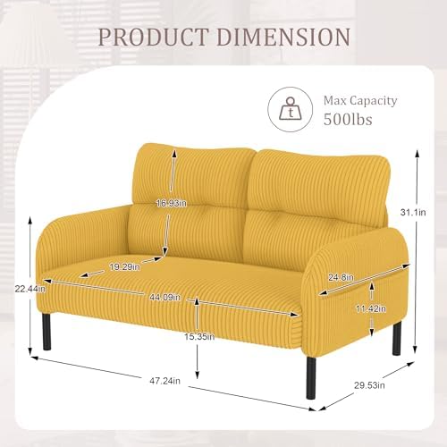 47" Corduroy Loveseat Sofa, 2 Seat Small Couch - Image 2