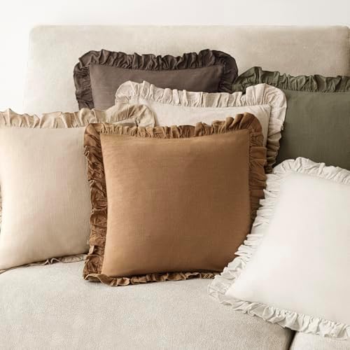 Foindtower Linen Fringe Ruffle Throw Pillow Covers 18×18 Inch Orange Brown - Image 6