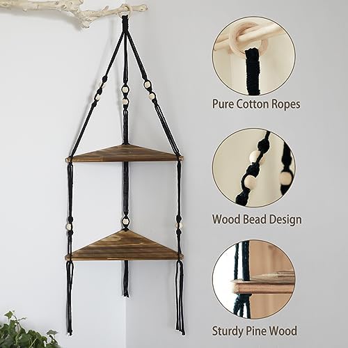 Artilady Macrame Hanging Corner Shelf Balck, Boho Wood Shelf Storage Decor - Image 6