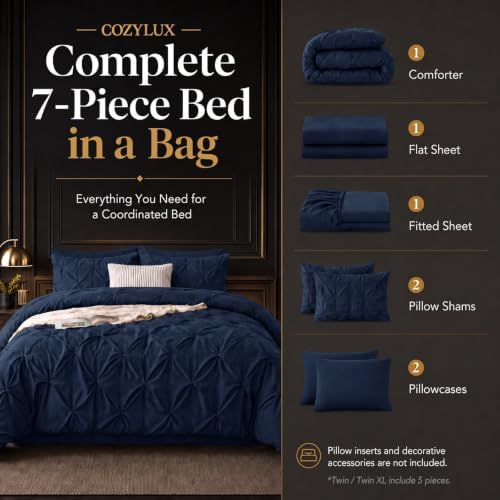 CozyLux Twin Comforter Set Navy Blue, 5 Pieces Pintuck Bed in a Bag - Image 2