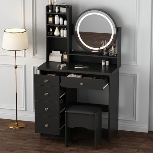 Vanity with Chair, Dressing Table with Lighted Round Mirror, 5 Drawers and - Image 6